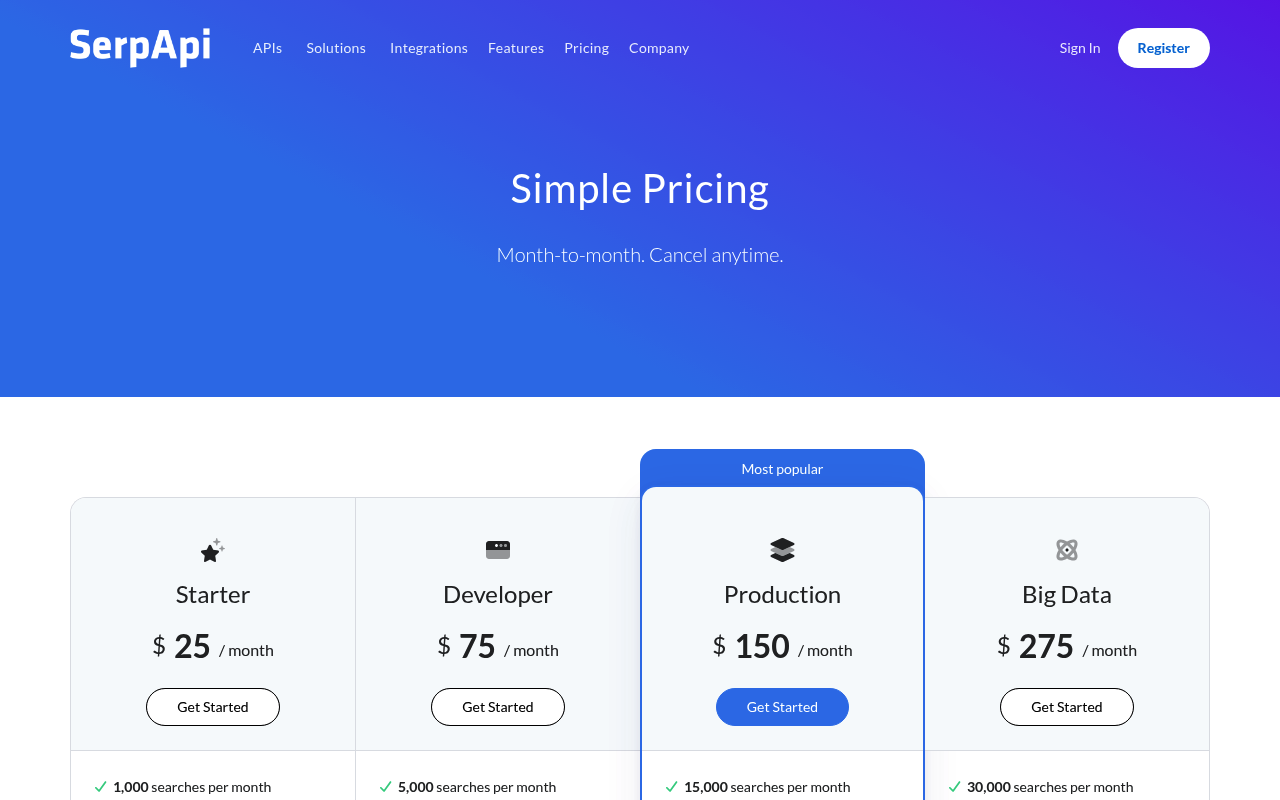 Página de plan y precios de la API SERP gratuita de SerpApi