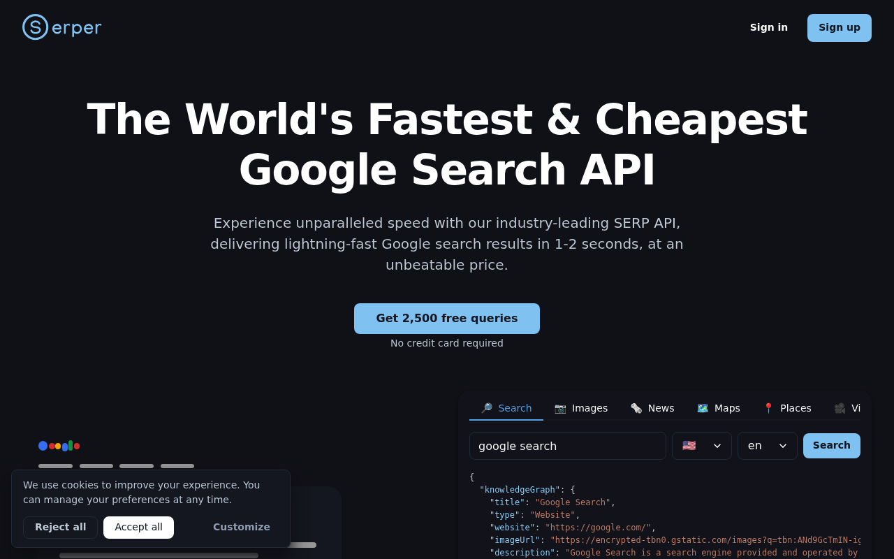 Página de plan y precios de la API SERP gratuita de Serper