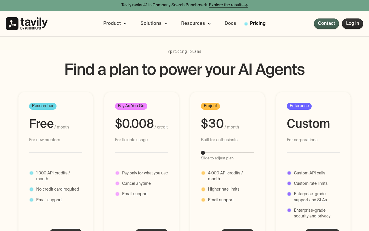 Página de plan y precios de la API SERP gratuita de Tavily